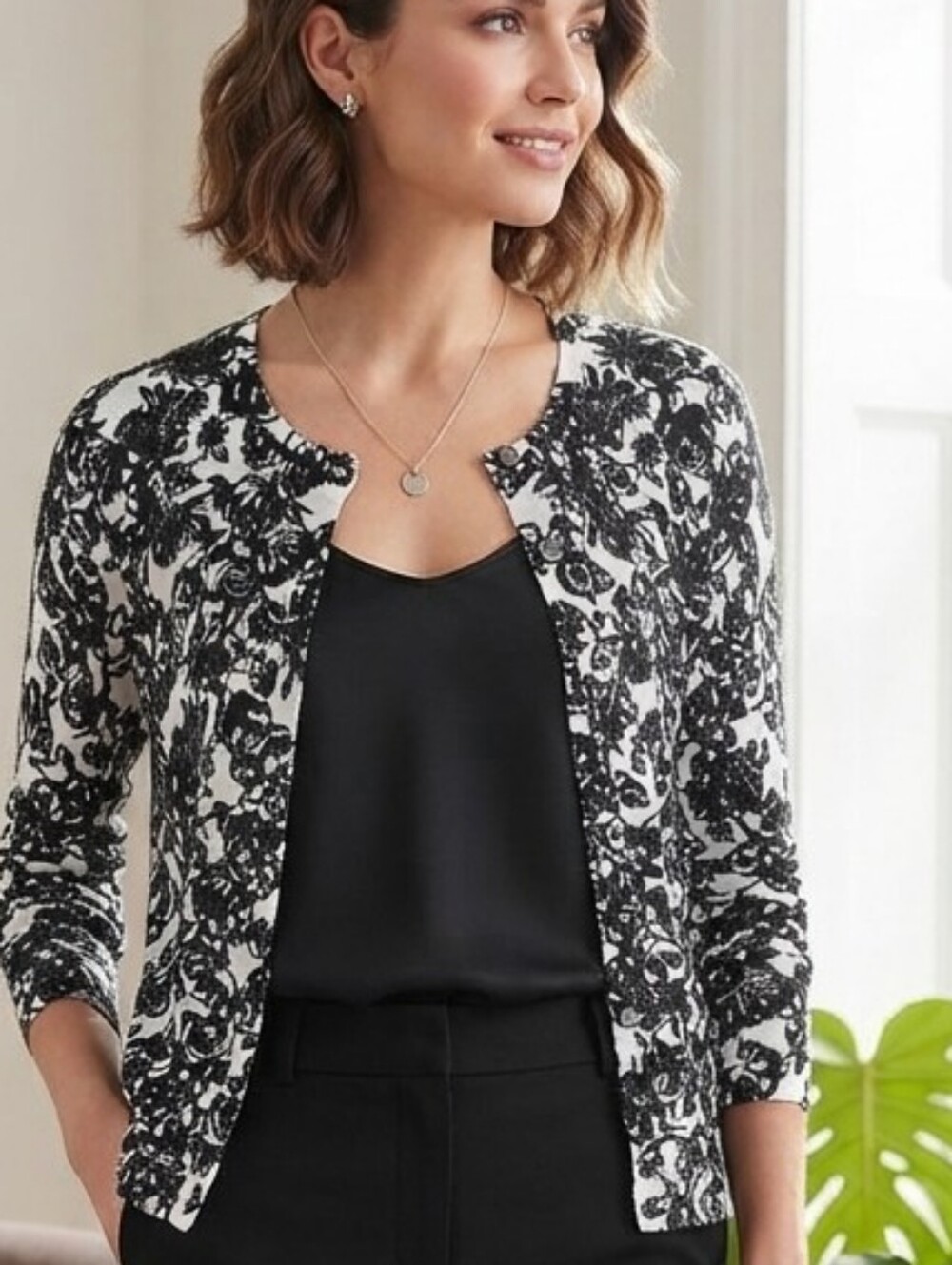 Lord & Taylor Petite Floral Print Button-Front Cardigan Top